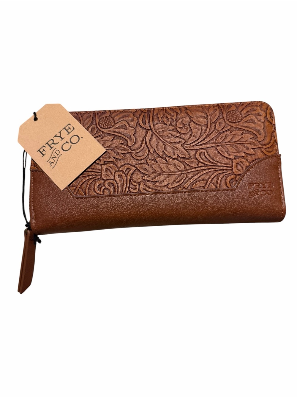 FRYE AND CO. Cognac Tooled like Leather Zip Around Wallet